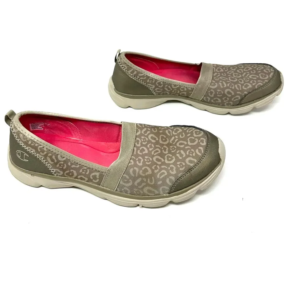 Champion Size 11 Flats Tan Leopard Print Slip On Sneaker Walking Hiking Outdoors